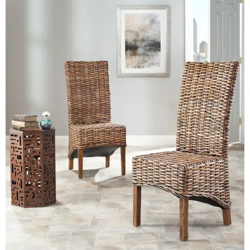 Brown Woven Rattan High-Back Dining Chair