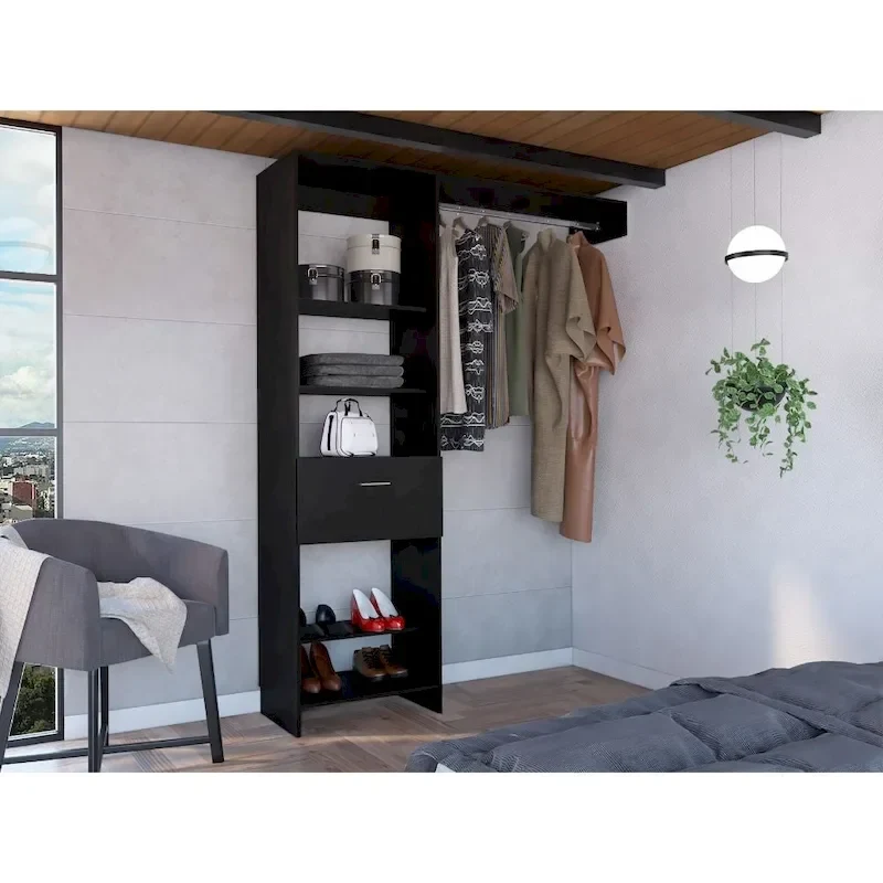 TUHOME Manchester 150 Closet System with Metal Rod, 5 Open Shelves, and 1 Drawer - N/A