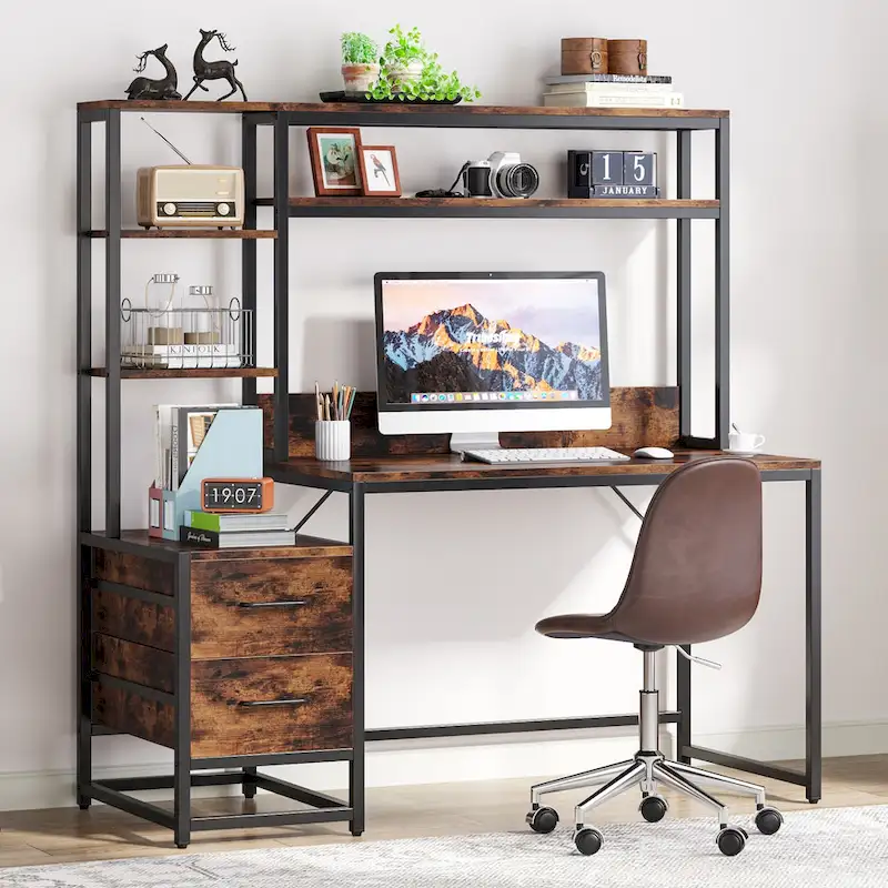 Rustic Computer Office Desk with Drawers and Hutch