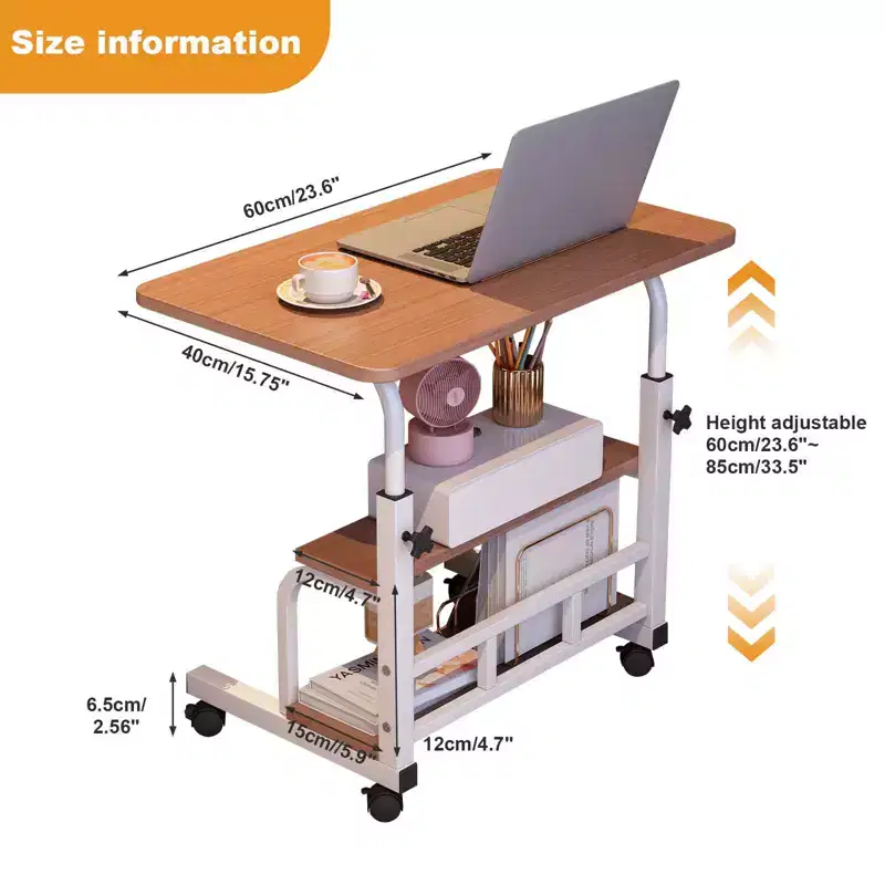 COZONY Portable Rolling Desk with Adjustable Height, Mobile Standing Computer Desk with Storage Shelves for Home Office, Study & Small Spaces