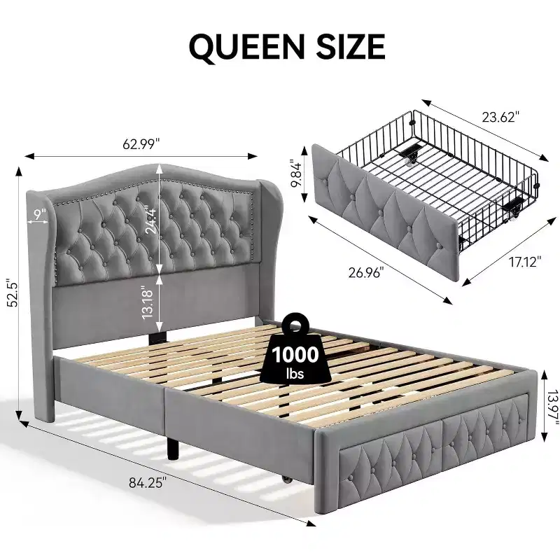 Dyonery Queen Velvet Bed Frame, 52.6 Wingback Tufted Headboard, 2 Drawers, No Box Spring
