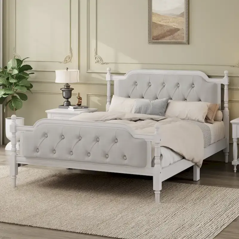 Full Size Bed Frame with Tufted Upholstered Headboard and Pine Wood Slats