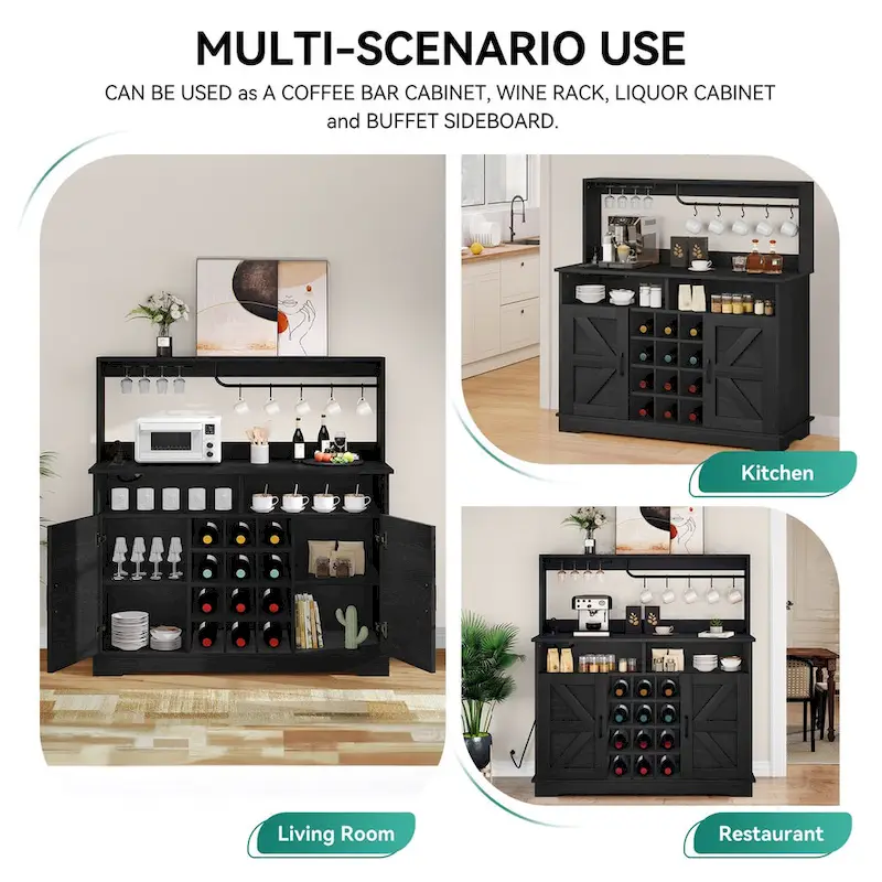 Bar Cabinet with Wine Rack and Power Outlets - 12-Bottle Storage (Black & Grey/White & Wood)