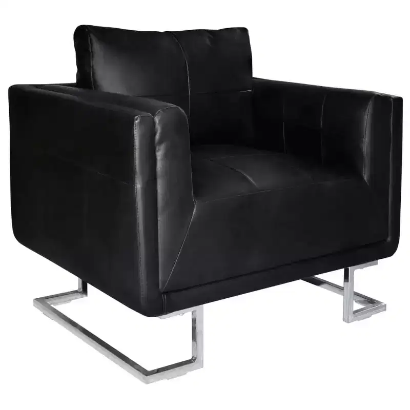 vidaXL Modern Cube Armchair with Chrome Feet, Upholstered with Black Leather - Black