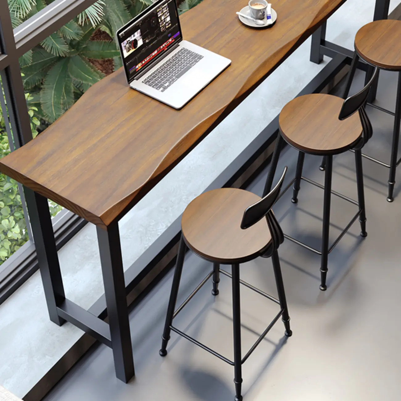 Modern Brown Wooden Grain Iron Trestle Bar Tables