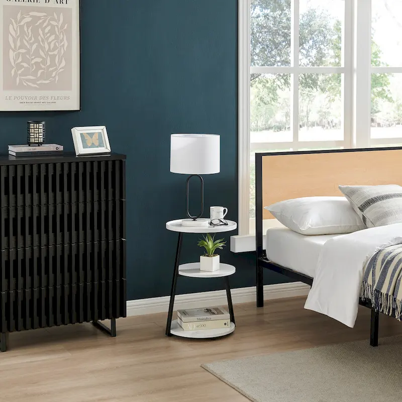 Skylar Round 3-Tier Side Accent Table with Raised Lip Edge Tabletop and Midcentury Modern Metal Asymmetric Pedestal Legs