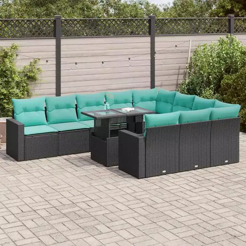 vidaXL 11 Piece Patio Sofa Set with Cushions Black Poly Rattan Acacia