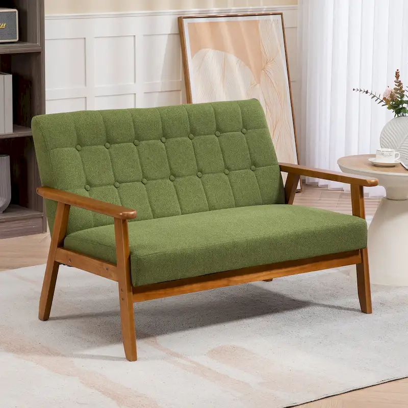 HOMEFUN Mid-Century Linen/PU Upholstered Wood Frame Tufted Loveseat Sofa