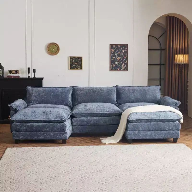 Karl Home |120 in. W Pillow Top Arm Double-layer Cushion Chenille Sofa in Blue With Ottoman