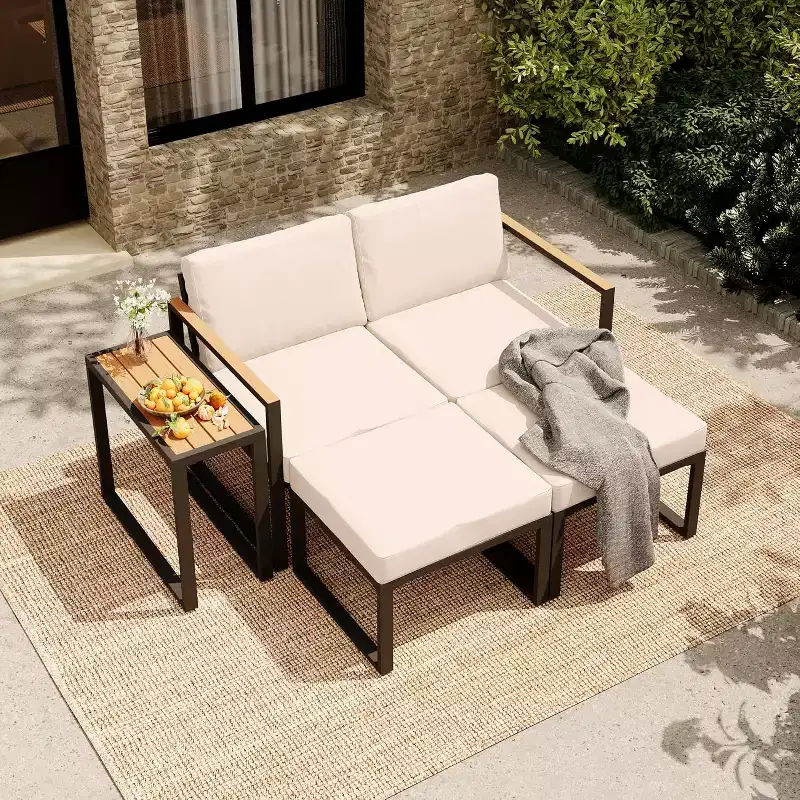 LAUSAINT HOME 5 Pieces Outdoor Conversation Set with Thick Cushions 2 Ottomans&Side Table