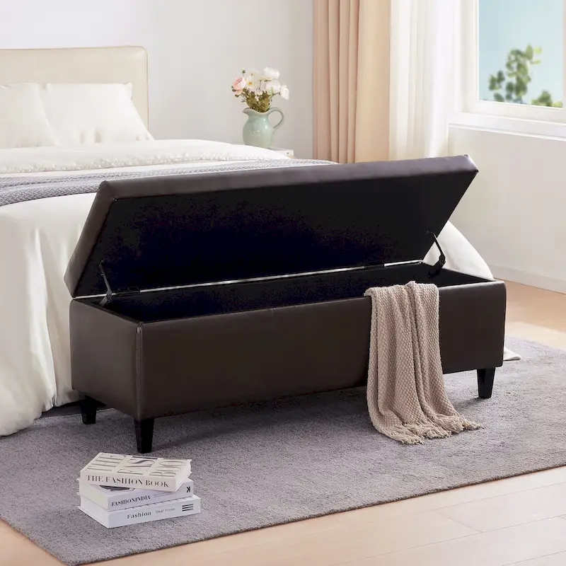 50.3 x 17.50 x 18 Upholstered Rectangular Storage Ottoman-Faux Leather