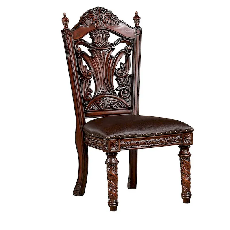 22 Inch Carved Dining Chair, Faux Leather Seat, Nailhead Trim
