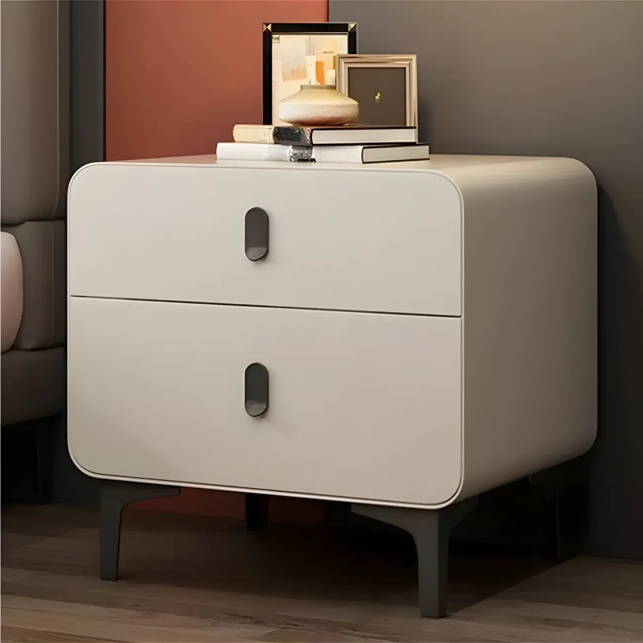 Freestanding Leather Arched Edge White Nightstand with Drawers