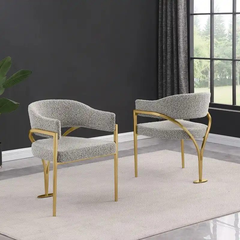 Black & Gold Button-Tufted Boucle Dining Chair, Set of 2