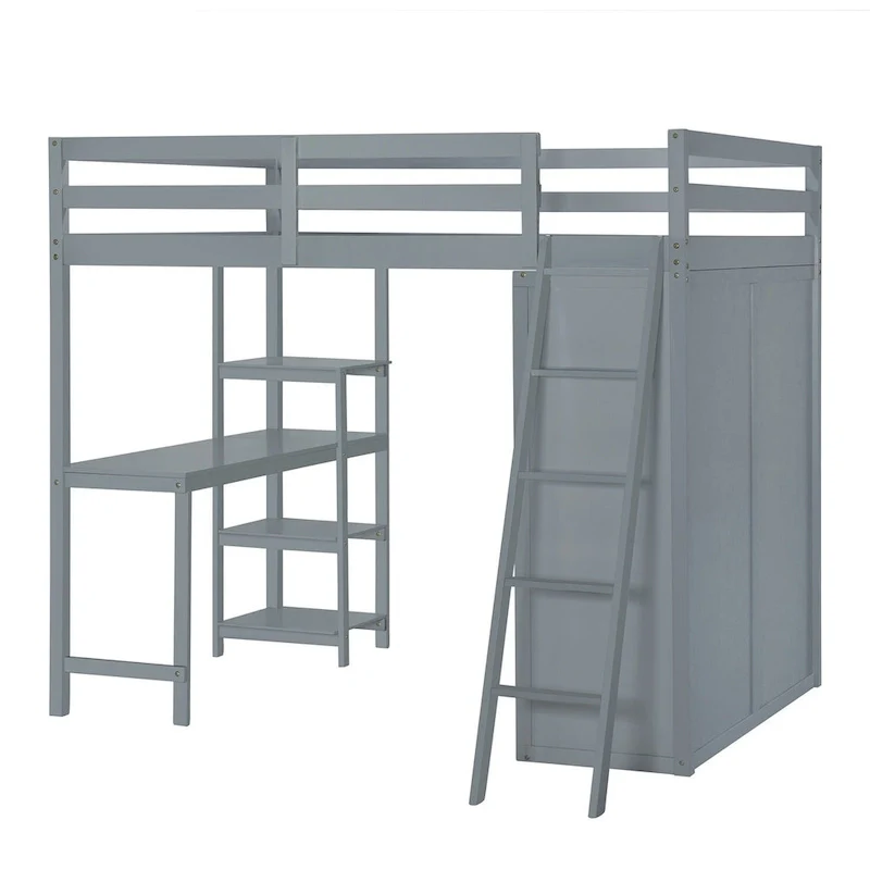 Merax Loft Bed with Wardrobe and Desk and Shelves
