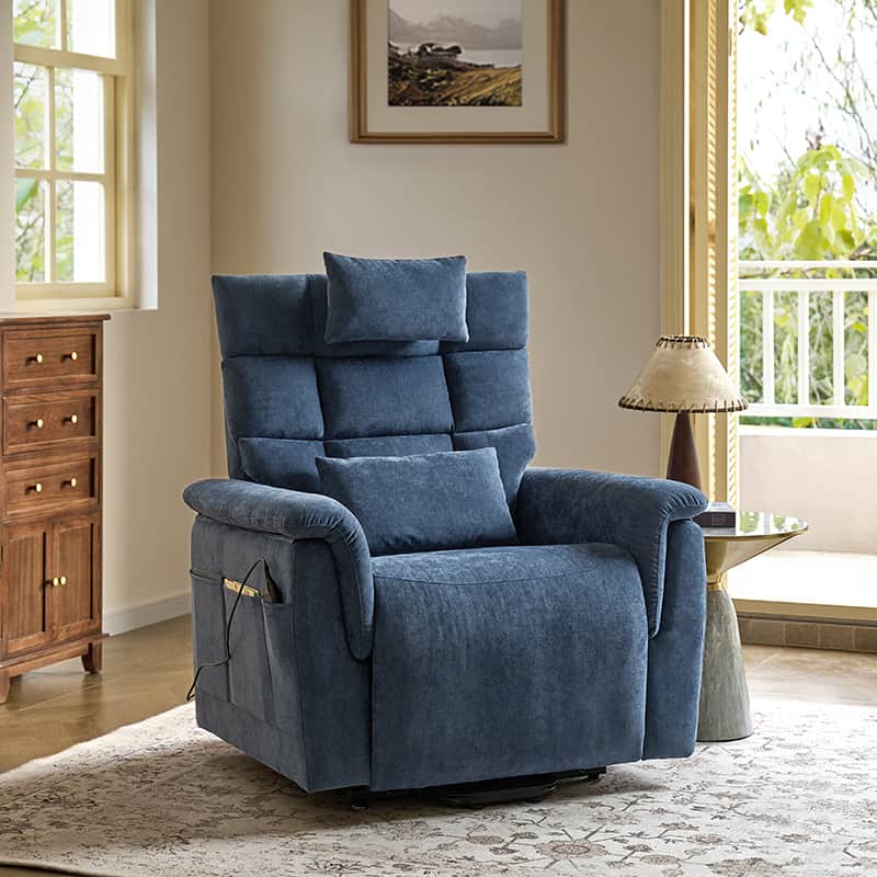 Power Lift Recliner with Airbag Back Massage, Heat Therapy & Adjustable Head and Lumbar Support | Navy / Beige | Single Seat
