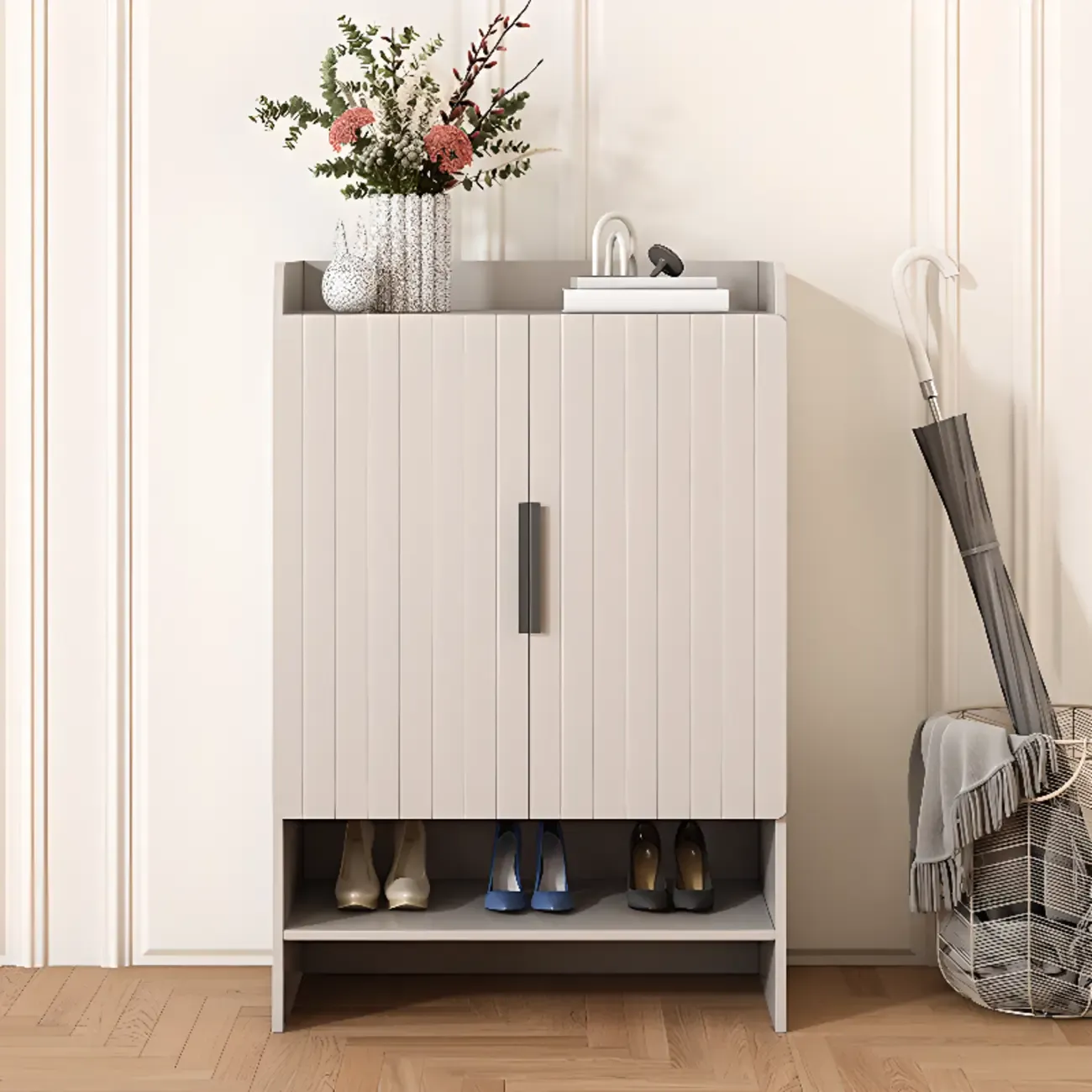 Vertical Wooden White Shoe Cabinet with Doors