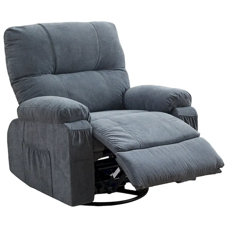 360 Swivel Manual Recliner Single Sofa Chair Fabric Lounge Chair with Pull Out Footrest and Side Pockets