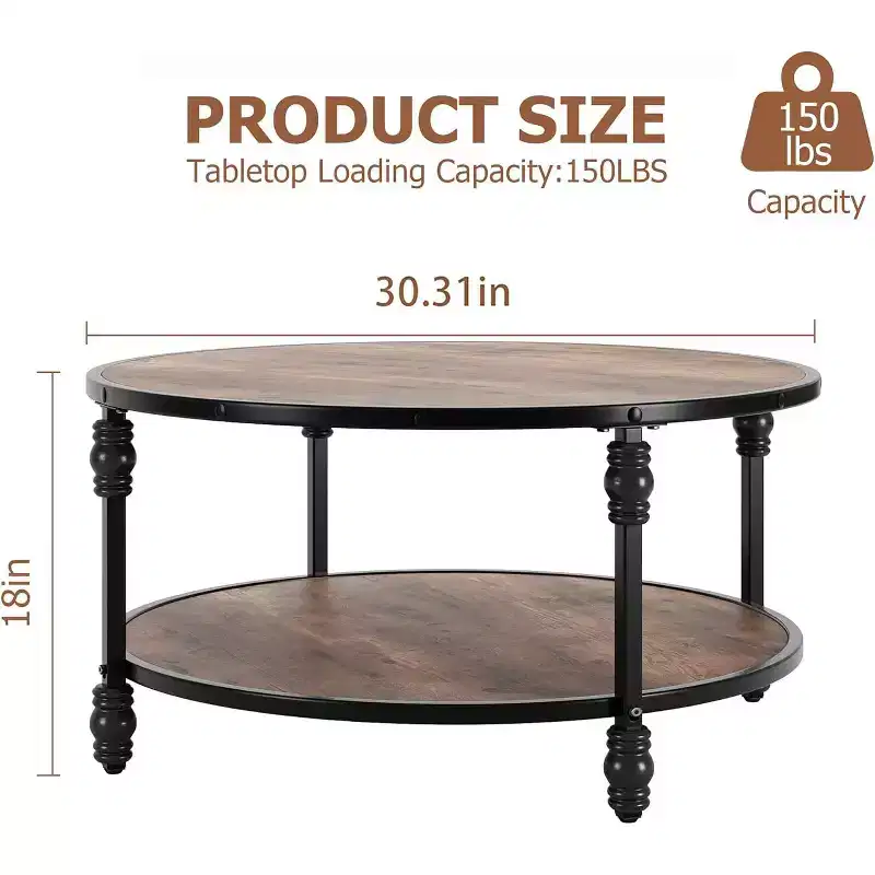 Round Coffee Table for Living Room Rustic Center Table with Storage Shelf Wood Circle Coffee Table with Sturdy Metal Legs, Easy Assembly