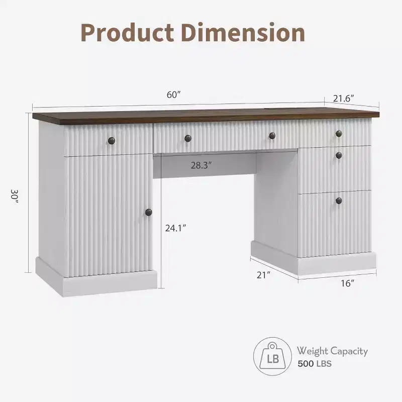 60 Fluted Modern Office Desk with Storage  Charging Station, Drawers for Files, Writing Desk for Study, Living Room