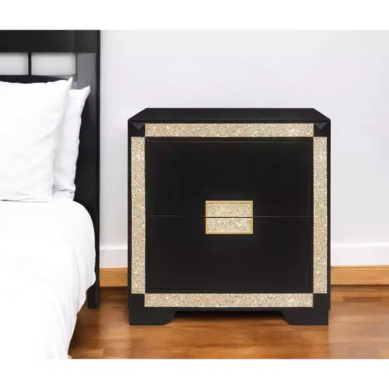HomeRoots 26 Black and Gold Two Drawer Faux Crystal Bling Wood Nightstand
