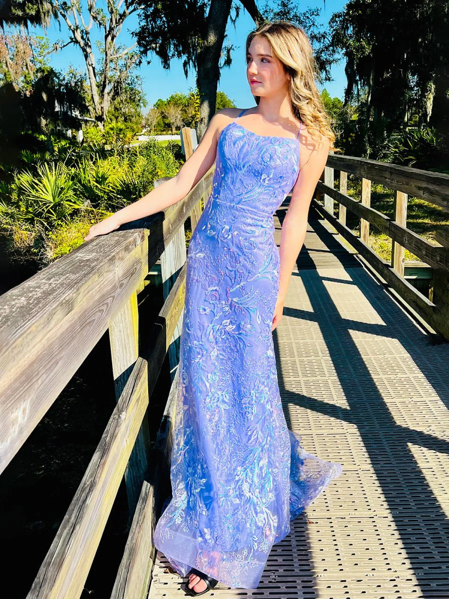 Mermaid Spagehtti Straps Lilac Lace Sequin Long Prom Dresses