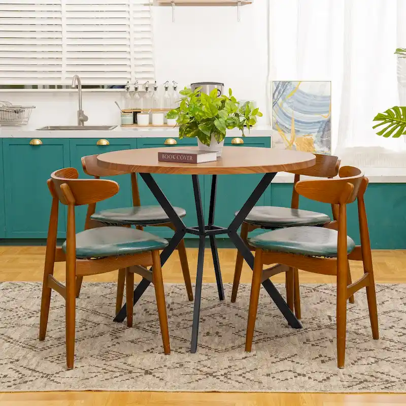 Grondin Modern Farmhouse Style 38.6 Round Dining Table with 1.18  Thick MDF Tabletop and Pedestal Cross Metal Legs