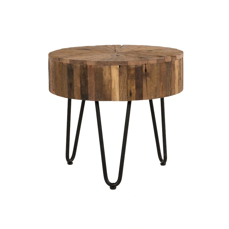Sawyer 22 in. Round Reclaimed Wood Accent End Table with Black Hairpin Metal Legs
