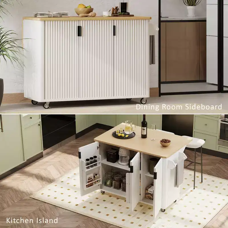 Rolling Solid Wood Kitchen Island with Rubberwood Top, 3 Drawers, 2 Cabinets, Adjustable Shelves, Spice Rack & Locking Wheels  Painted Finish
