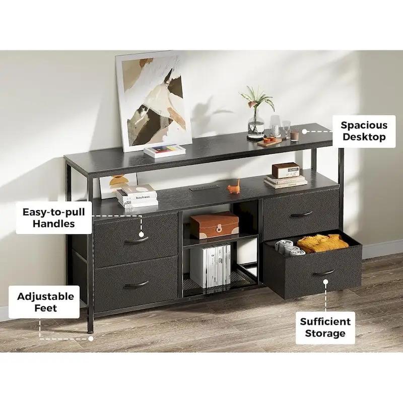 Black PU Finish TV Stand with LED Lights, 4 Fabric Drawers & Power Outlets, Fits up to 65 Inch TV, 1-Person