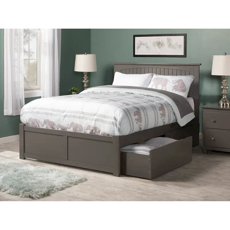 Full Platform Bed with Footboard and 2 Storage Drawers in Grey