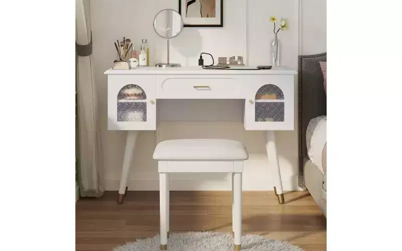JVNOXK Modern Elegant Dressing Chair Set with Storage Rack, Desk, and Charging Ports Carved Bougainvillea Glass Cabinet Doors, White