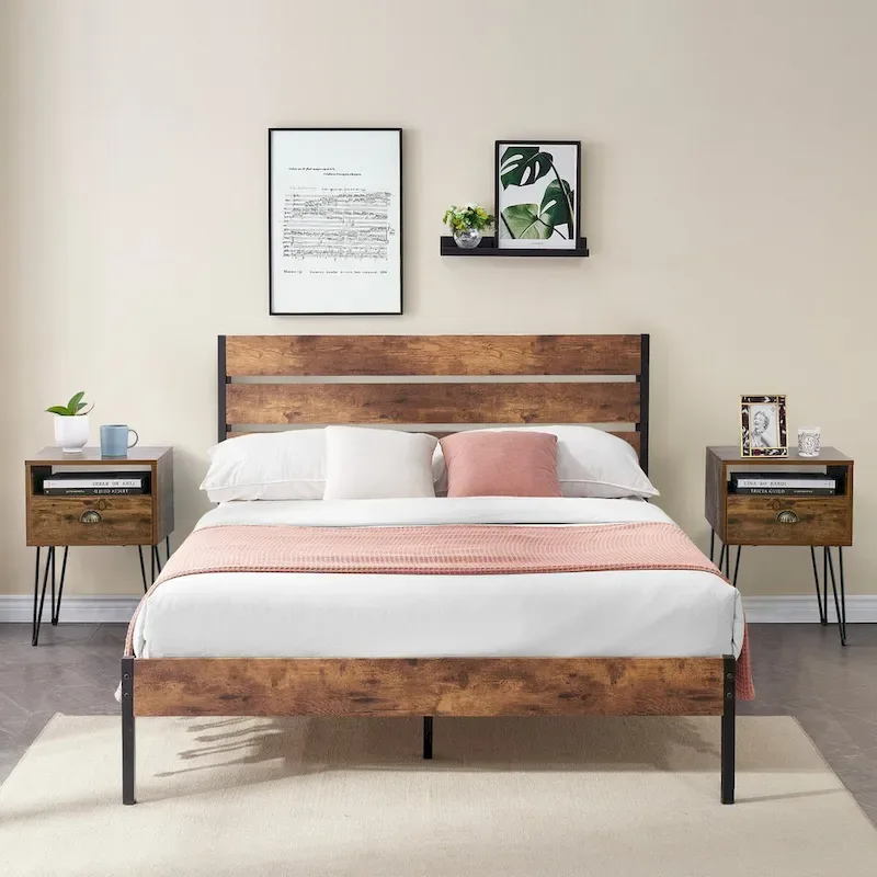 Taomika 3-Pieces Industrial Bed and Modern Square Nightstands Set