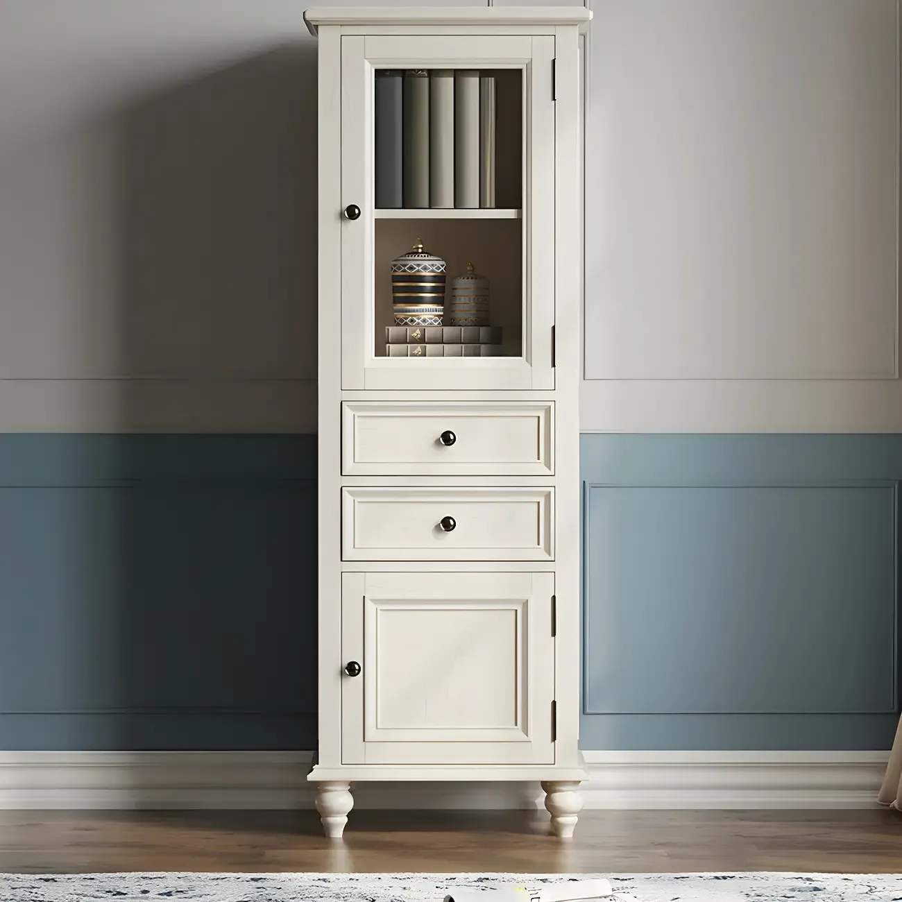 White Wood 2-Drawer Tall China Cabinet with Glass Doors