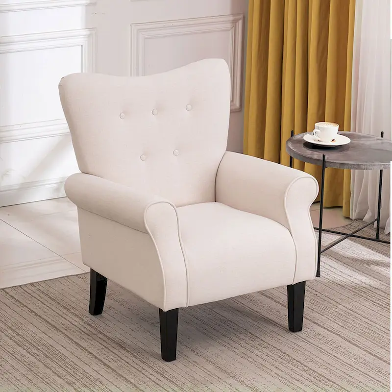 EROMMY Wingback Accent Chair, High-Back Upholstered Fabric Chair with Wooden Legs, Off-White