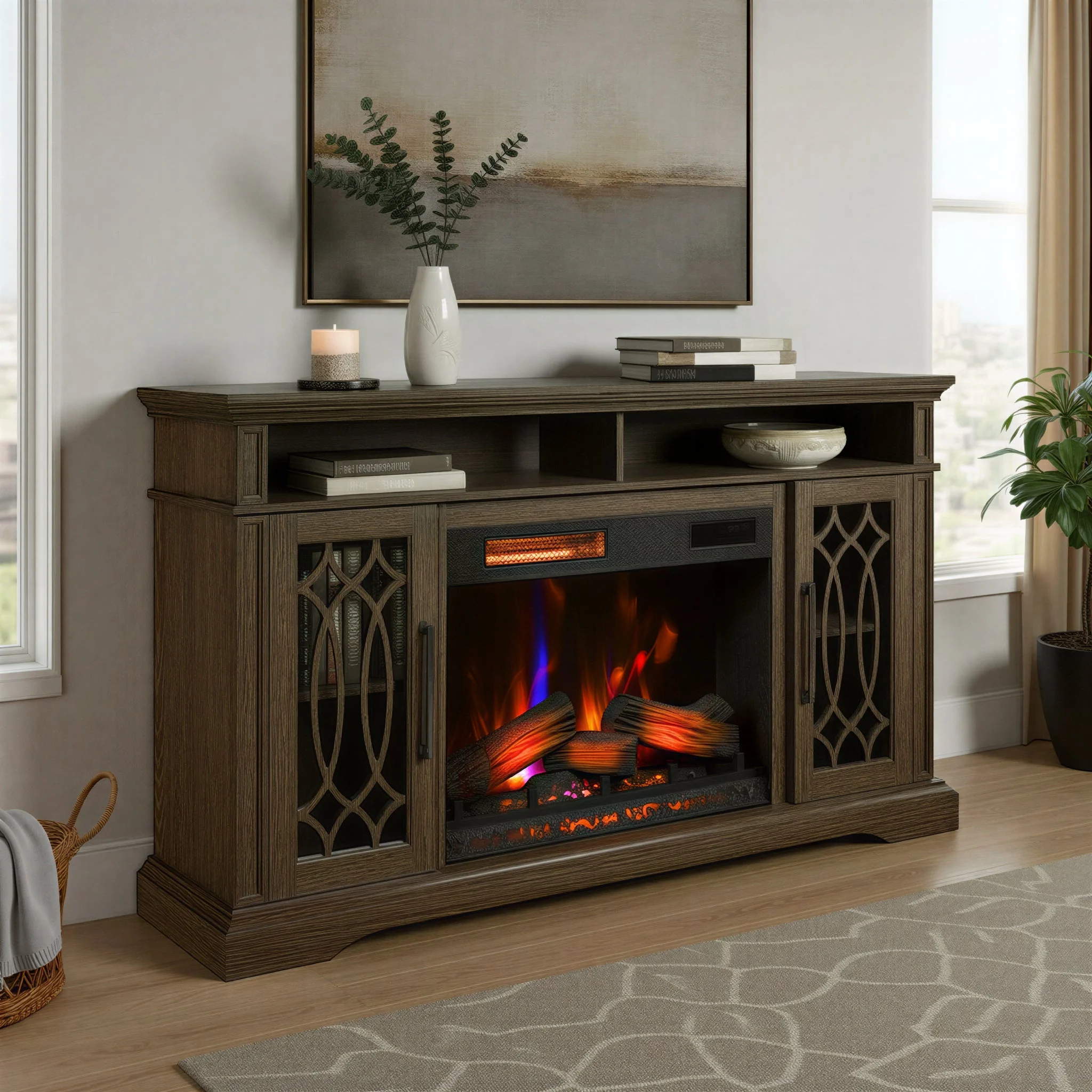 duraflame? Modern Farmhouse Electric Infrared Fireplace TV Stand Media Console with Remote