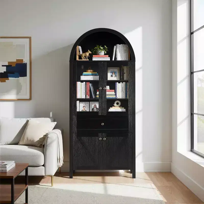 71 Arched Farmhouse Kitchen Pantry, Tall China Cabinet with Glass Doors, Drawer and X-Pattern Storage - Panipeachy