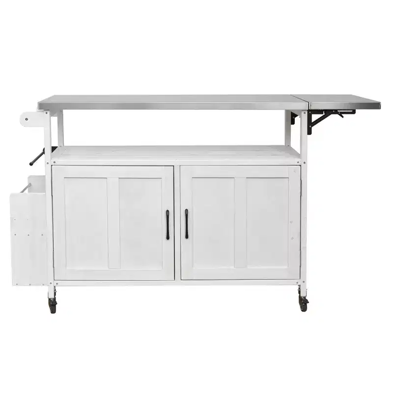 sumyeg Foldable Outdoor Kitchen Island Cart with Stainless Steel Top, Fir Wood Prep Station with Adjustable Shelf, Lockable Wheels, White