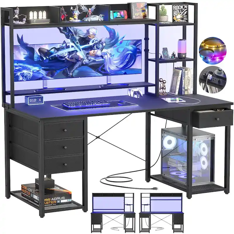 Gaming Desk with Hutch and Drawers, Office Computer Desk with Charge Station and LED Light