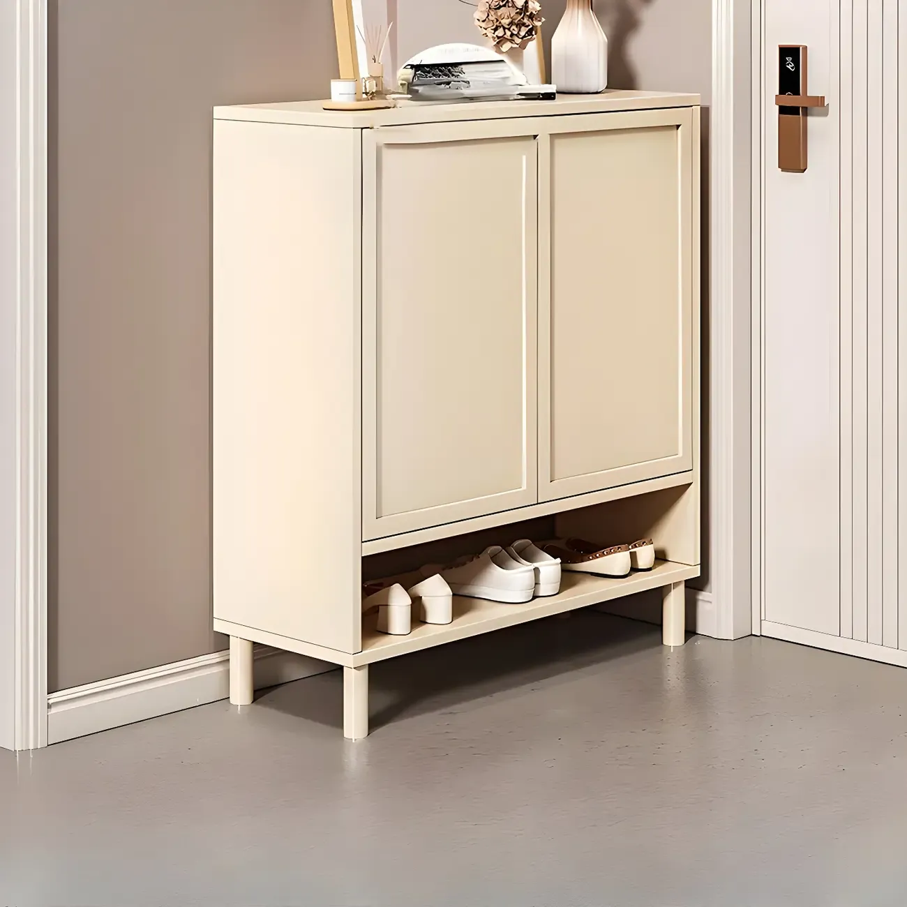 Cream White Wood Shoe Cabinet with Shoe Lattice