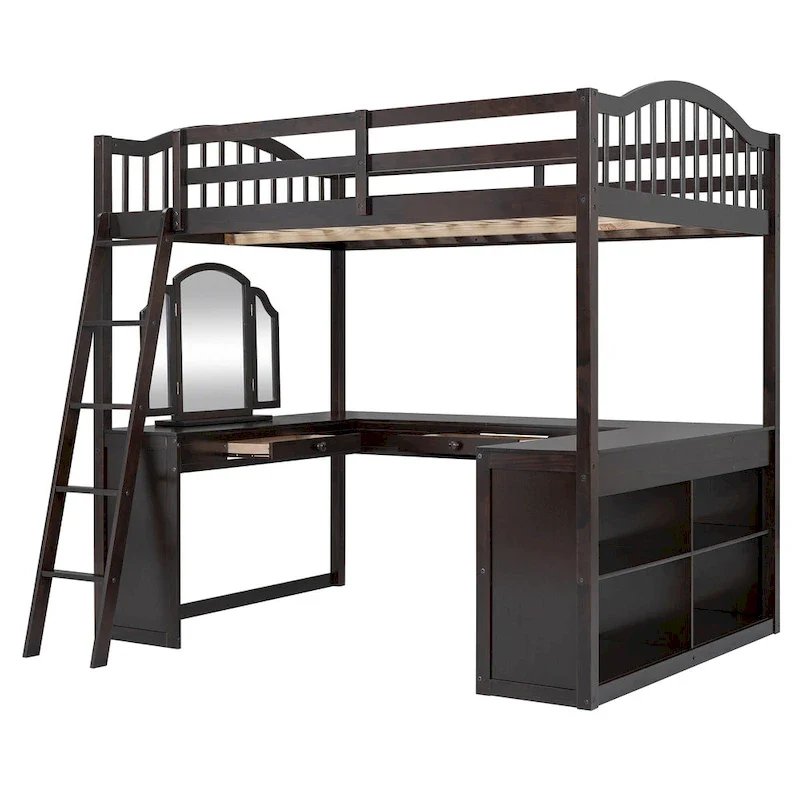 Full Wooden Loft Bed with U-shaped Desk,Storage Compartments and Tri-fold Mirror, Gray