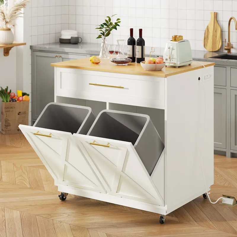 Moasis Rolling Kitchen Island Mobile Cart with Trash Can Storage Cabinet