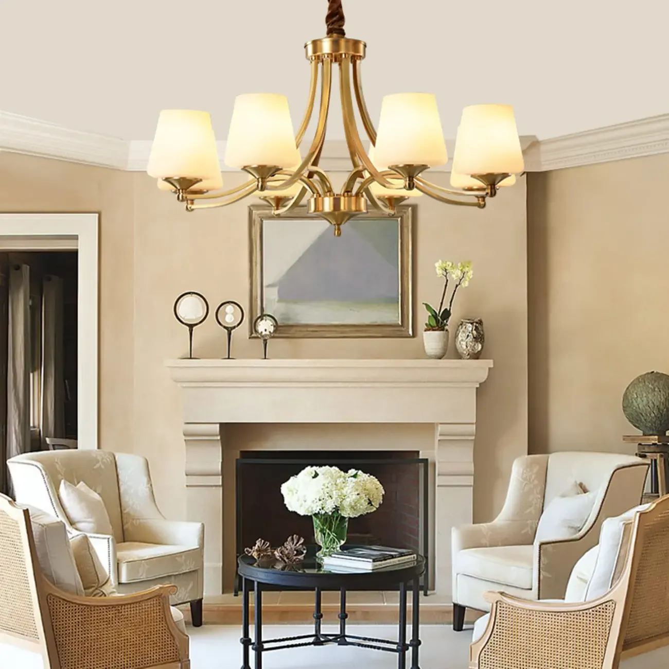 Vintage Brass Chandelier with Lampshades for Living Room