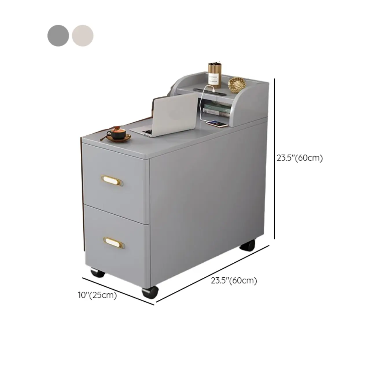 Narrow Rolling White 2-Drawer End Table with USB Charge