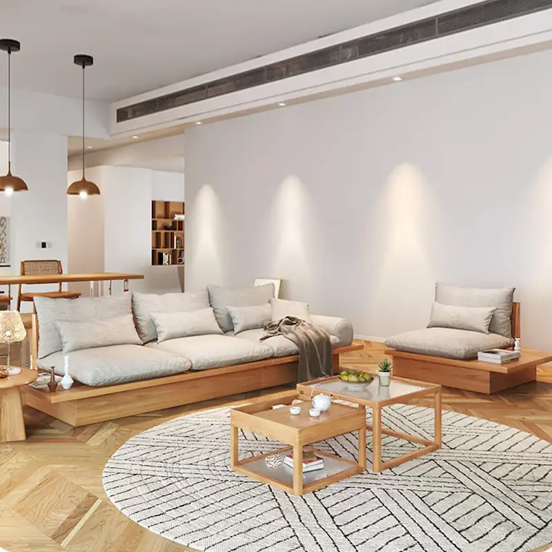 JASIWAY Cotton Line Beige Sofa With Wood Frame