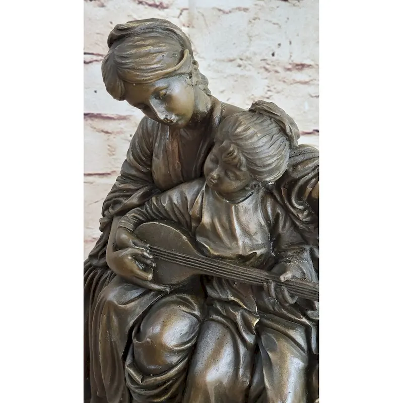 Mother And Playing Music Guitar 100 Percent Solid Bronze Sculpture Figurine Figure Sale