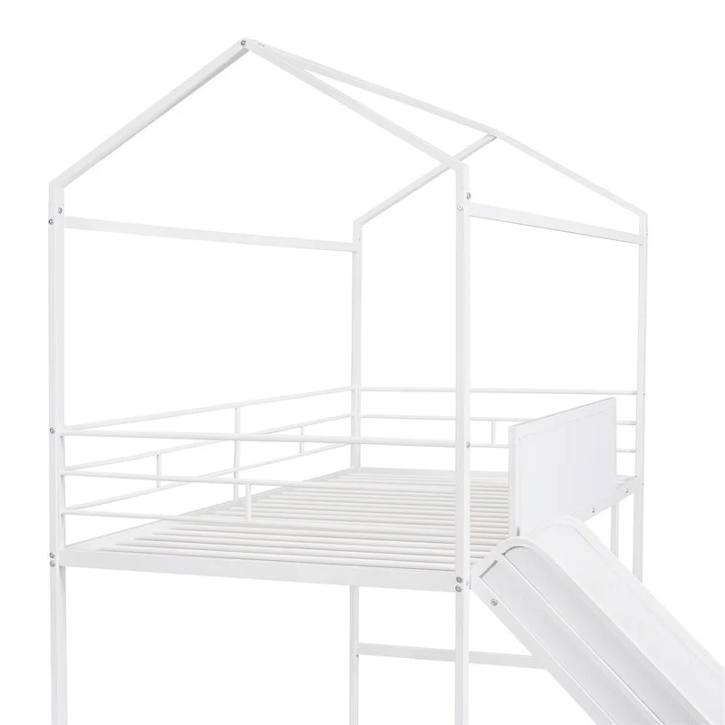 Merax Metal Twin House Loft Bed with Two-sided writable Wooden Board, Slide