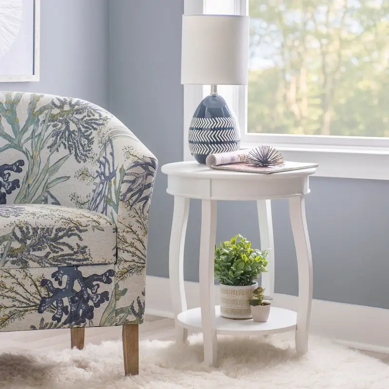 White Round Side Table with Lower Shelf & Cabriole Legs, 1-Person