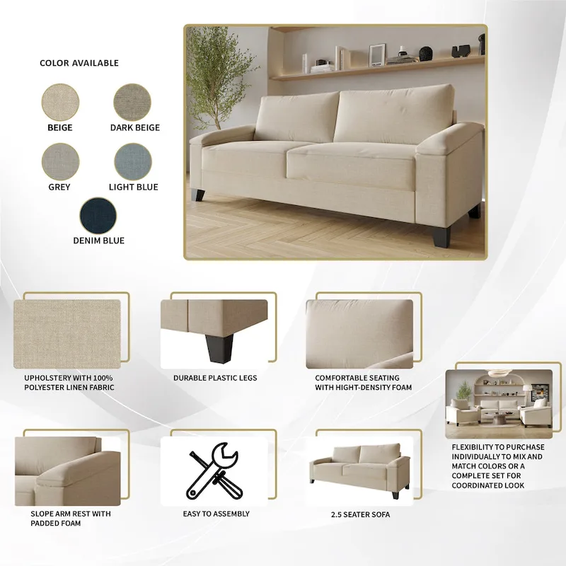 2.5-Seater Linen Sofa - Available in Beige, Grey, Blue