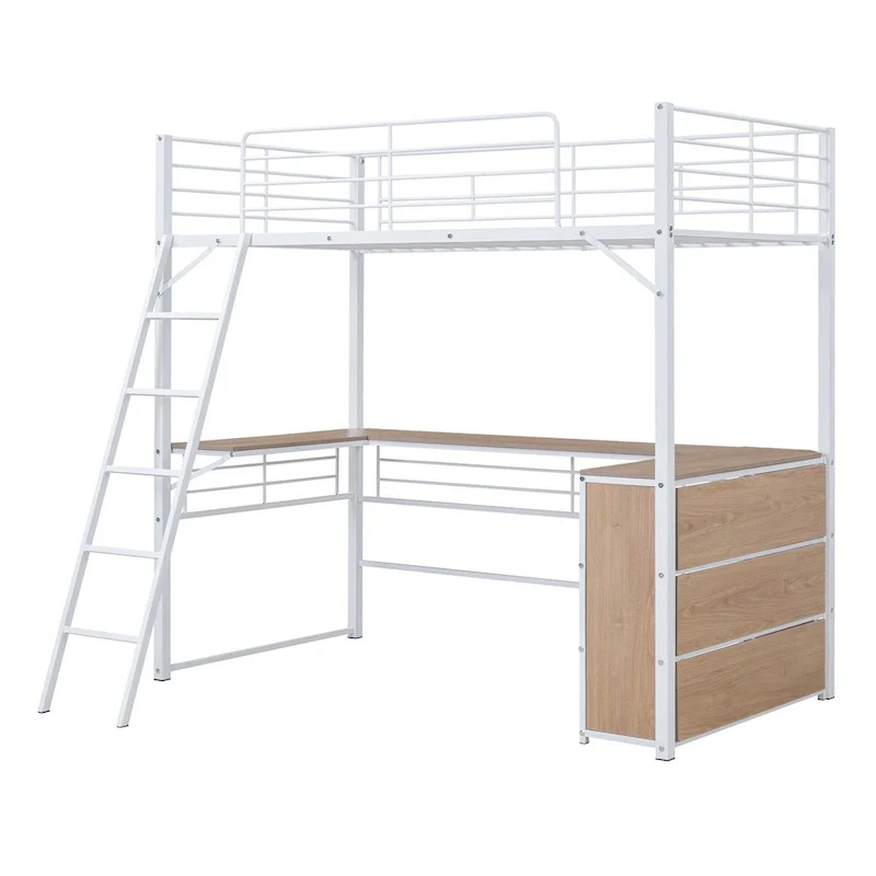 White Metal Loft Bed with L-shaped Desk and 3 Layers of Shelves, Reversible Ladder